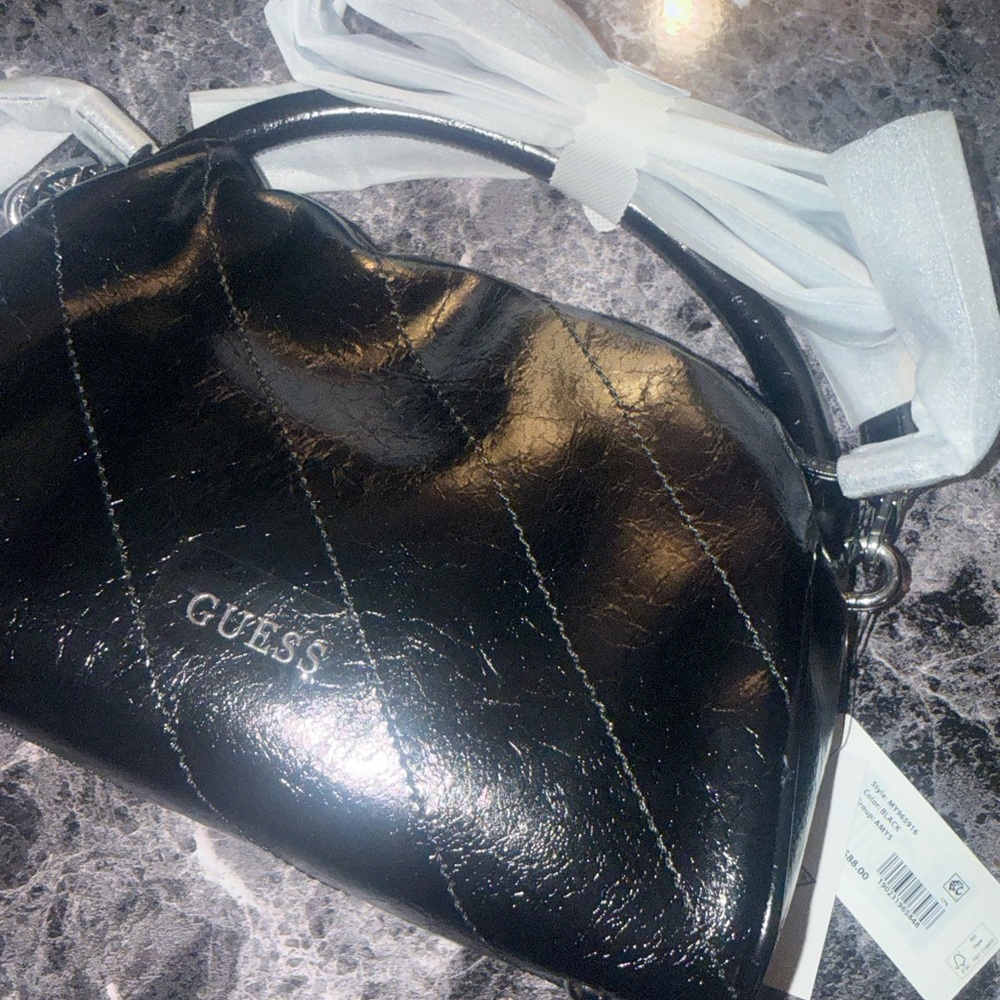 Guess Shiny Black Quilted Shoulder Bag
